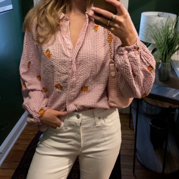 Anthropologie Maeve Pink Seersucker
Embroidered orange Bishop Sleeve, size large - Picture 11 of 13